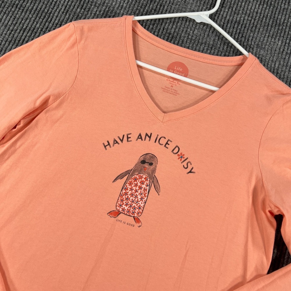 Life Is‎ Good Chill Tee Womens Medium Orange Penguin Graphic Long Sleeve Shirt